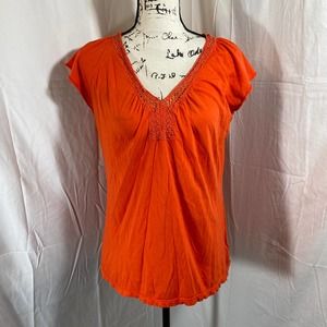 Calvin Klein Jeans Woman's Lace V-Neck Cap Sleeve Orange Shirt Sz L